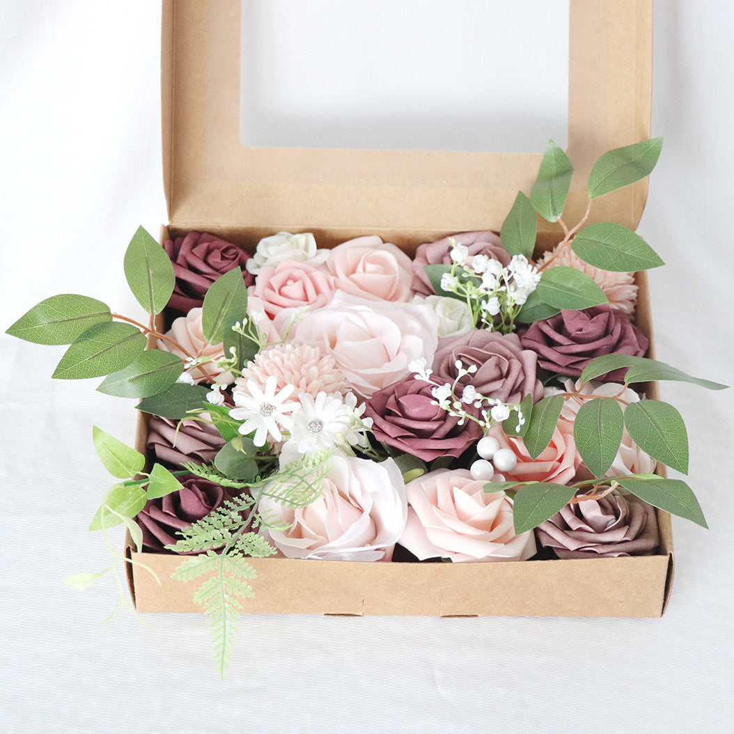 Boîte à fleurs de mariage Roses roses et violettes