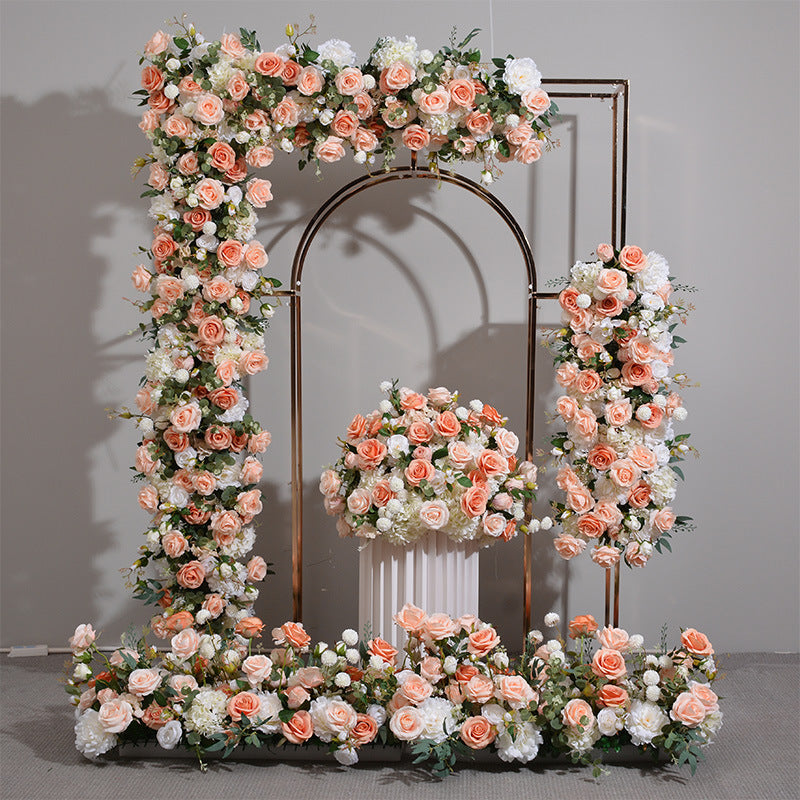 Orange And Pink Simulated Rose Balls With Long Rows Of Flowers Arranged At The Wedding Site, Decorated With Iron Arches And Simulated Flowers