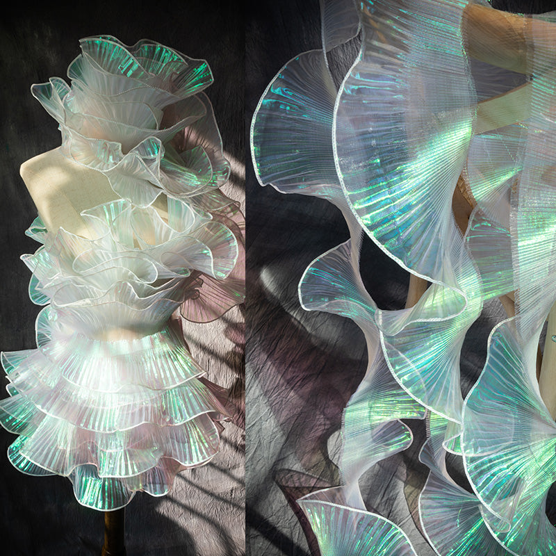 Tissu décoratif plissé transparent de robe de mariée de bord de lotus de grande vague