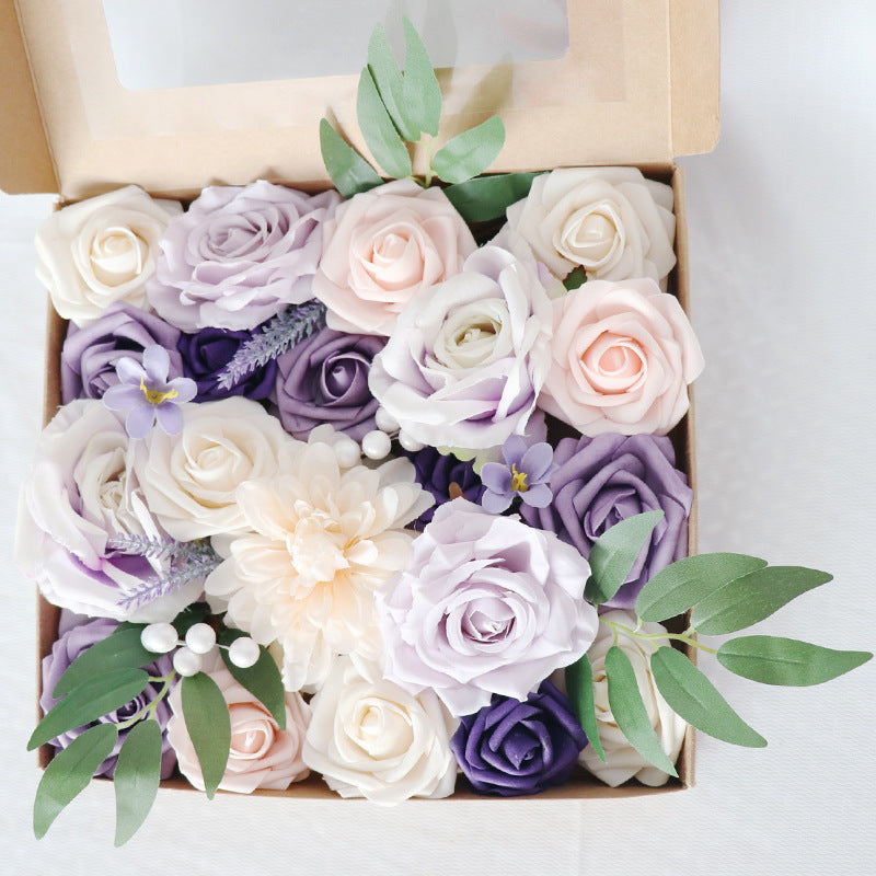 Boîte à fleurs de mariage Roses de champagne violettes