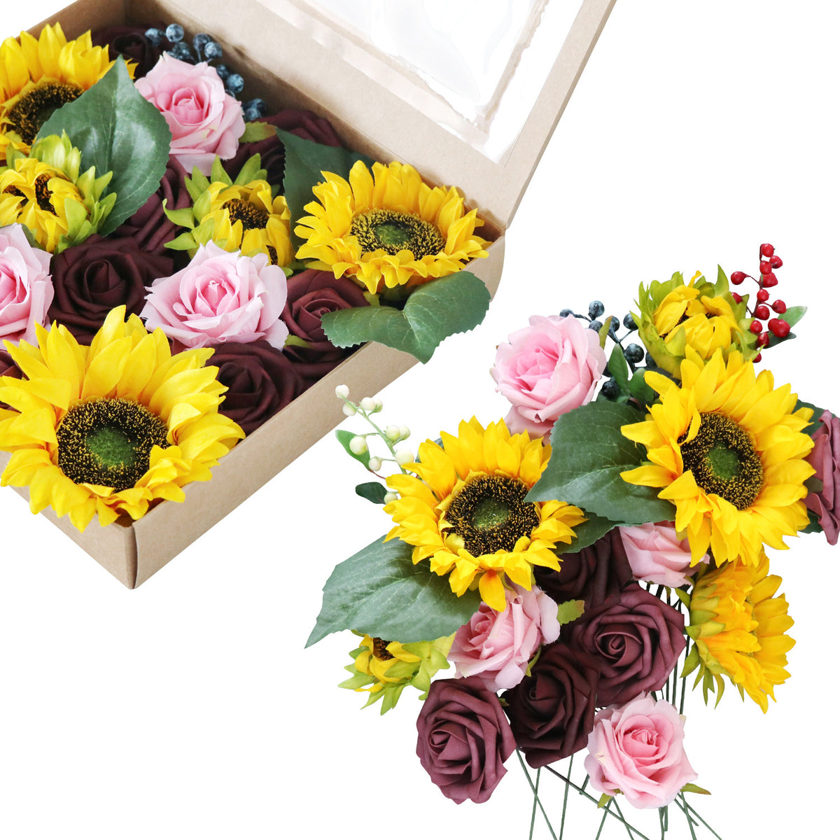 Boîte à fleurs de mariage tournesol et rose rouge foncé