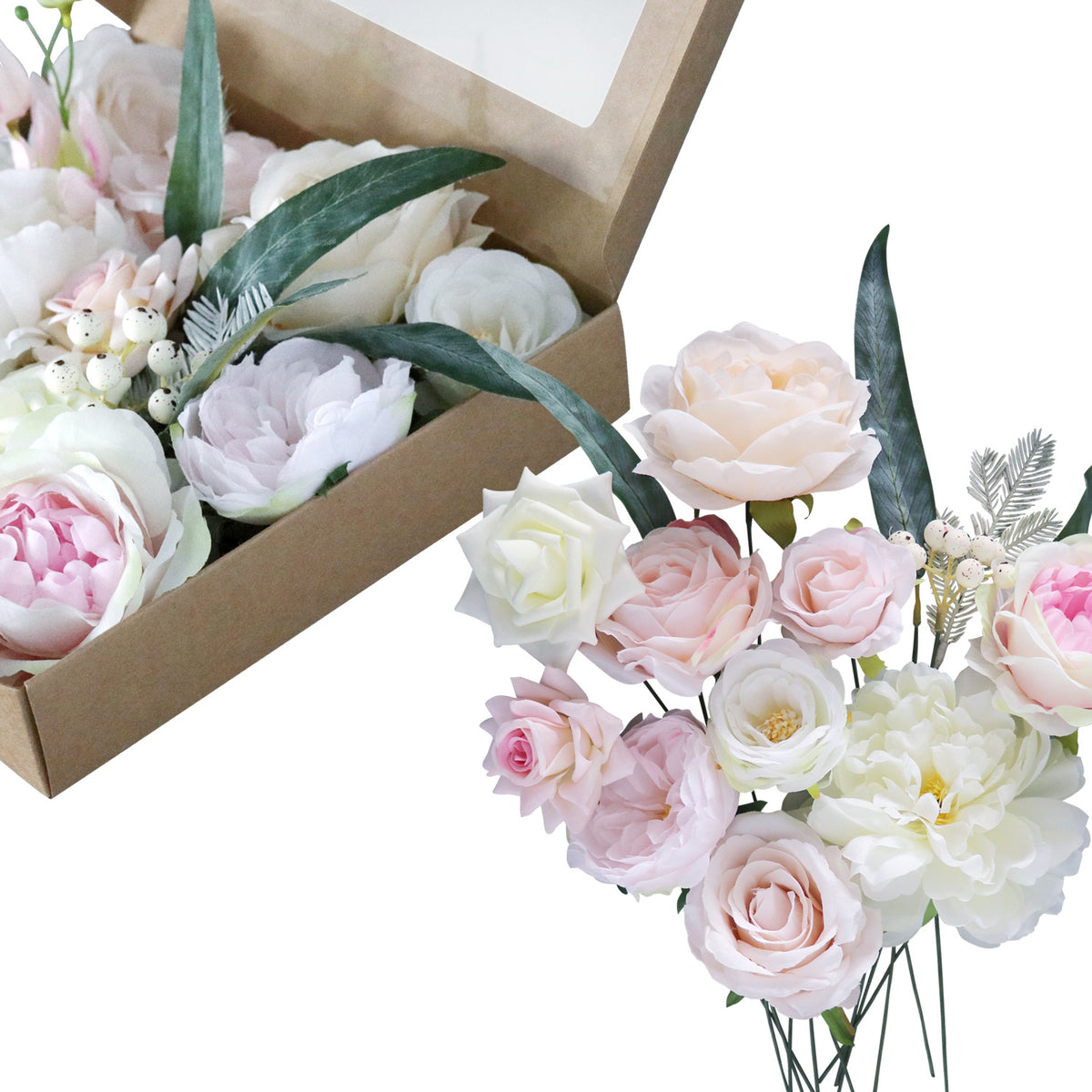 Boîte à fleurs de mariage Roses roses et blanches
