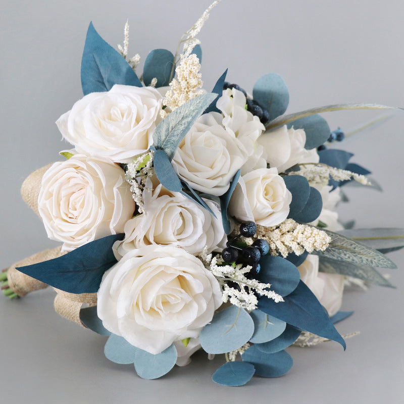Hand Bouquet Peacock Blue Champagne Roses