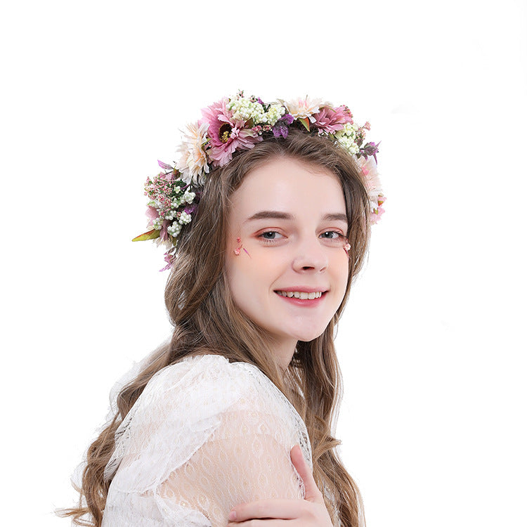 Bridal Wreath Headpiece Beige and Purple Daisy