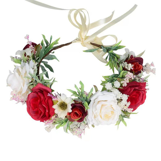 Bridal Wreath Headpiece White and Red Roses