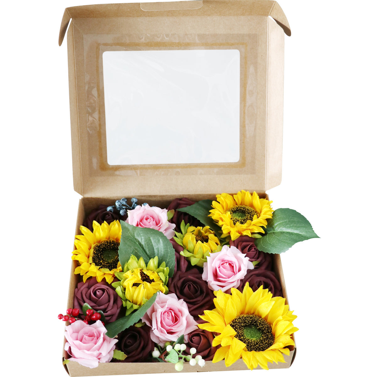 Boîte à fleurs de mariage tournesol et rose rouge foncé