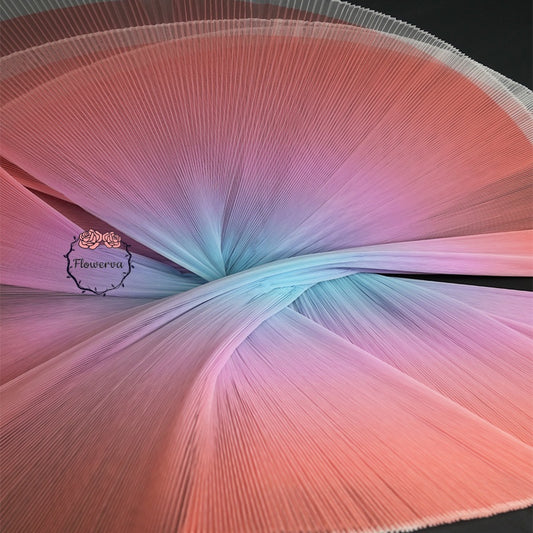 Gradient Orange Blue Pleated Organza Crinkle Fabric With Rigid And Wide Trim Stage Handmade Dress Designer Fabrics