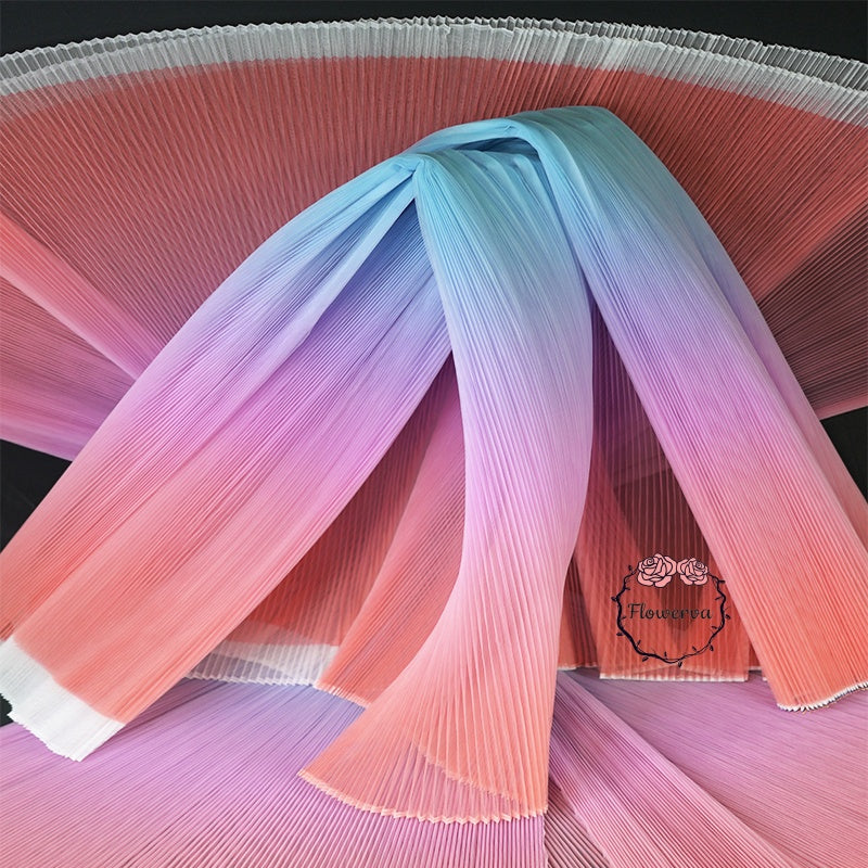 Gradient Orange Blue Pleated Organza Crinkle Fabric With Rigid And Wide Trim Stage Handmade Dress Designer Fabrics