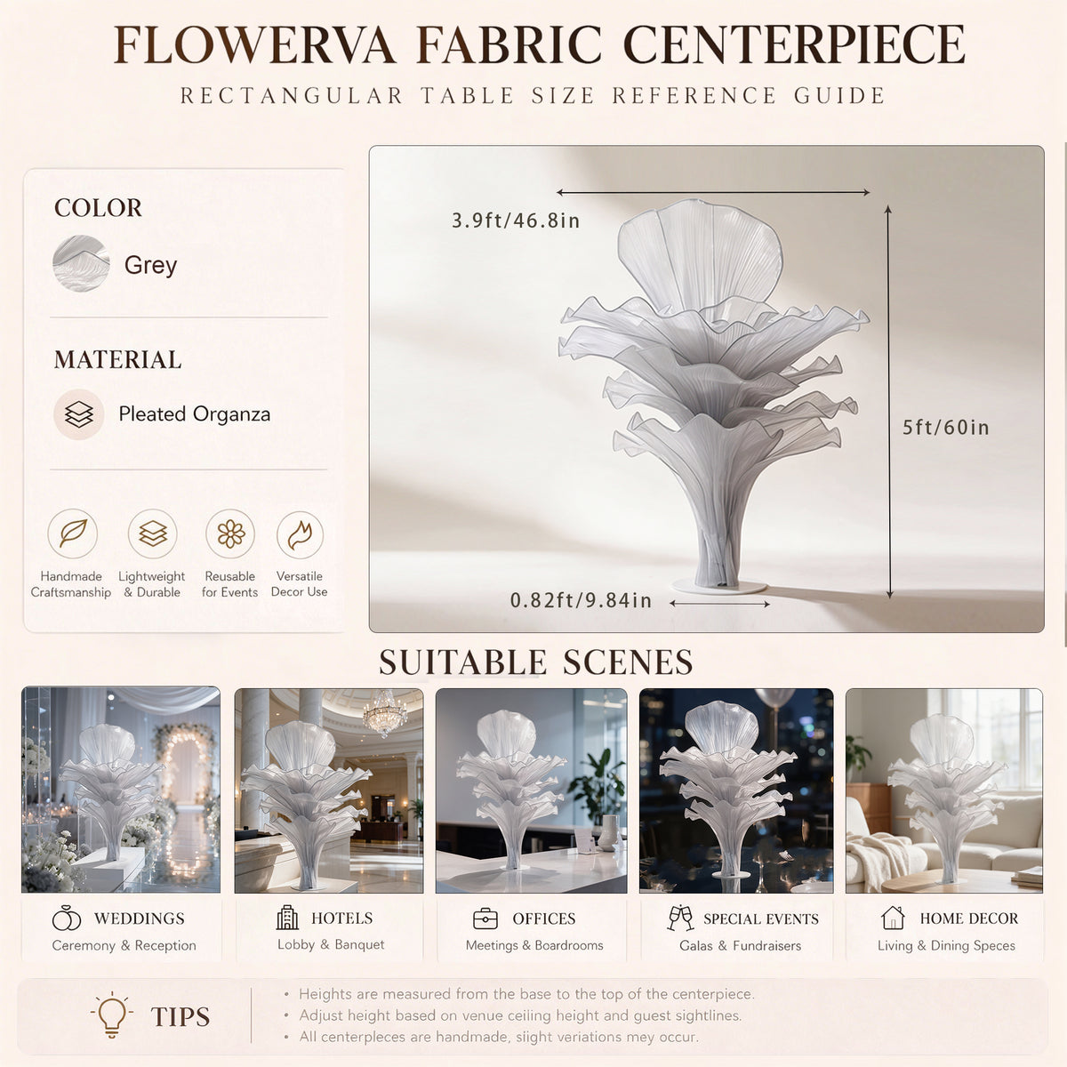 Flowerva Wedding Table Flower Decoration Grey 150cm