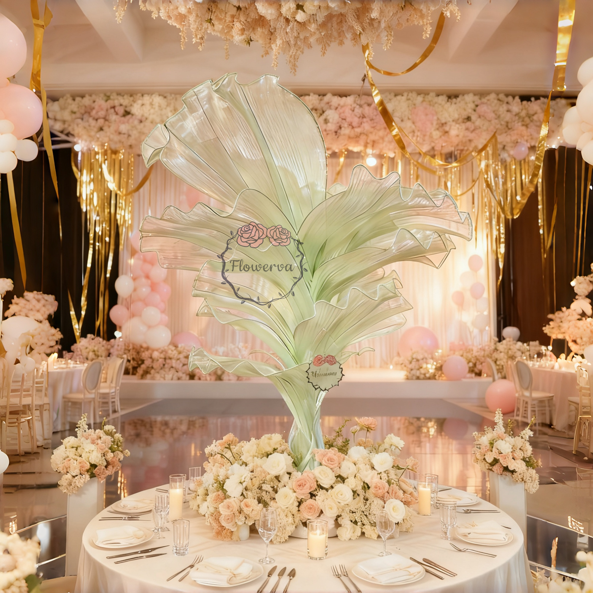 Flowerva Light Green Table Flower Wedding Decoration (With Base)