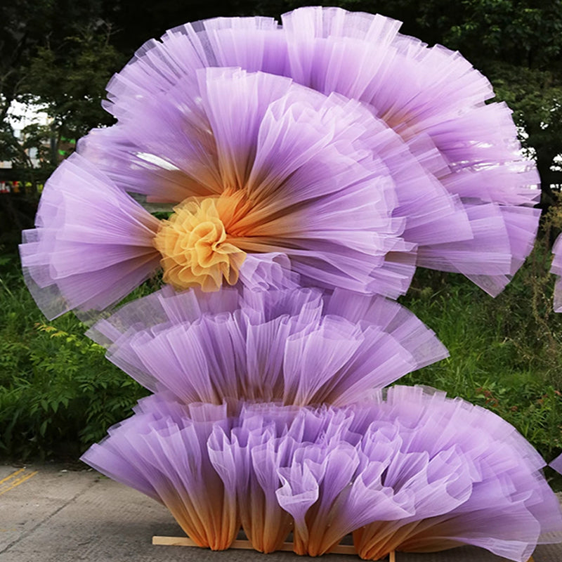 Gradient Yellow And Purple Pleated Organza Crinkle Fabric With Rigid And Wide Trim Stage Handmade Dress Designer Fabrics