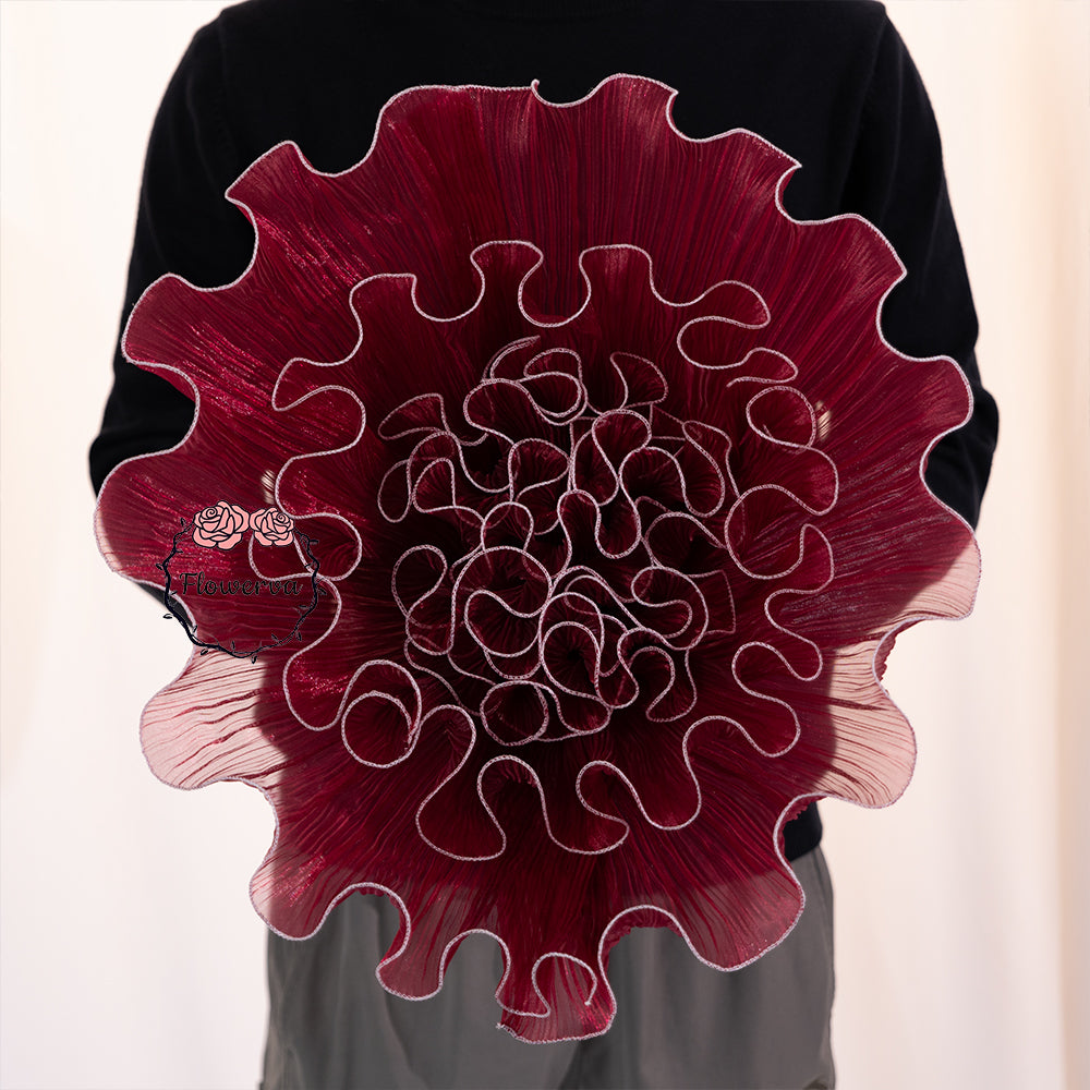Flowerva Burgundy Gradient Ruffled Sheer Fabric Decor Flower