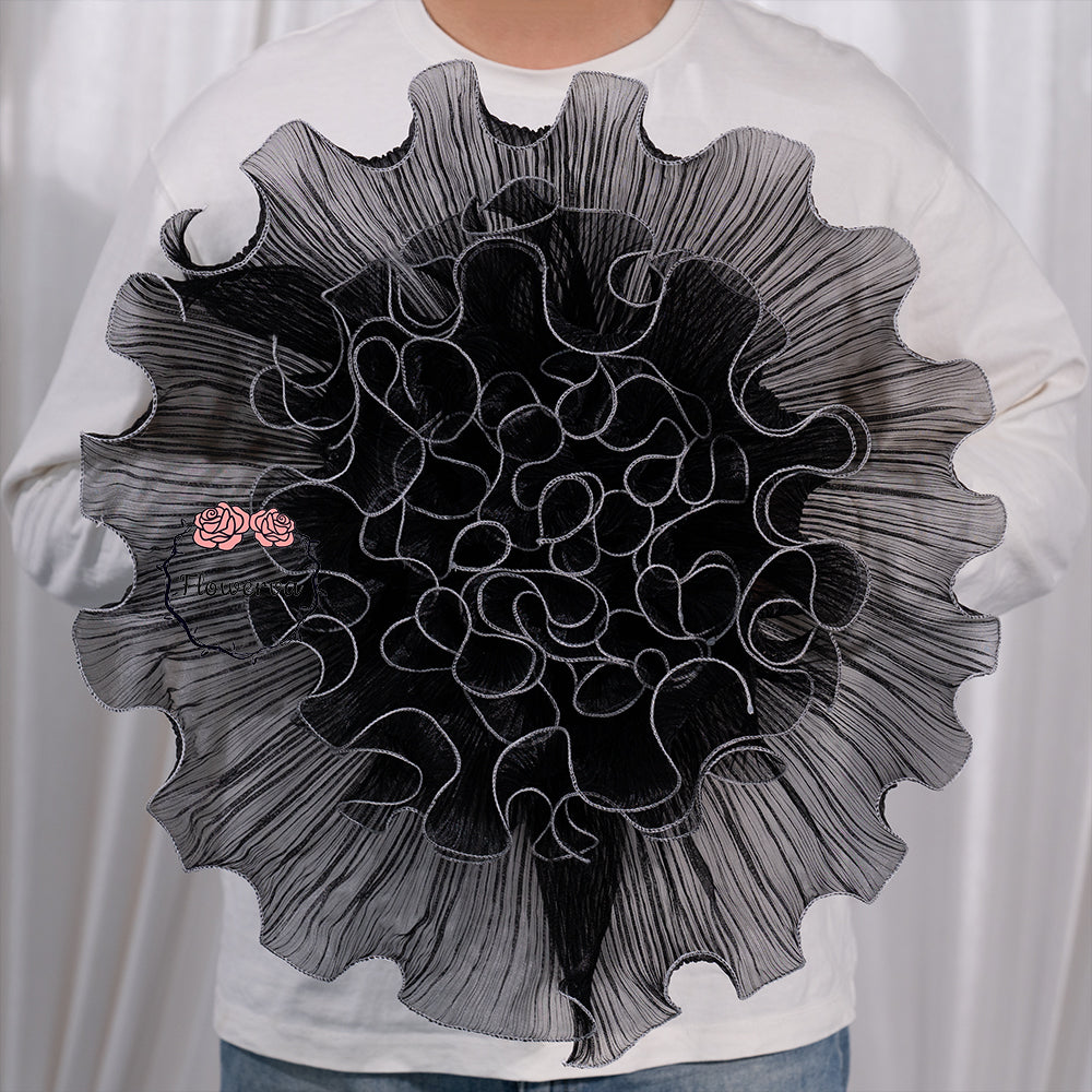 Flowerva Black Sheer Fabric Decor Flower with Silver Stitched Trim