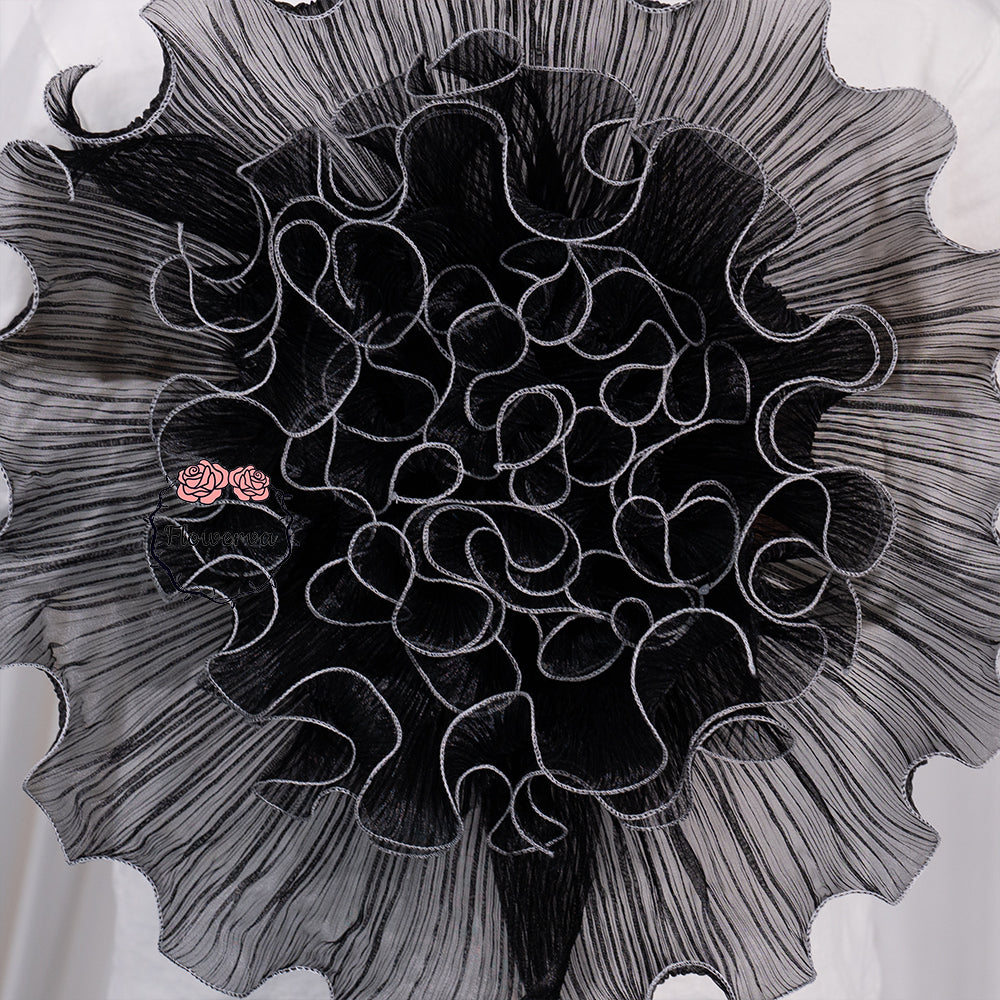 Flowerva Black Sheer Fabric Decor Flower with Silver Stitched Trim
