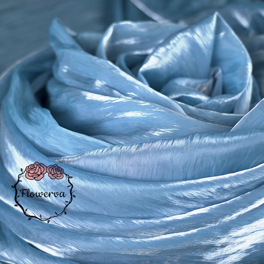 Flowerva Sparkling Ice Blue Crystal Wrinkled Organza Silver Gray Glossy Design Fabric