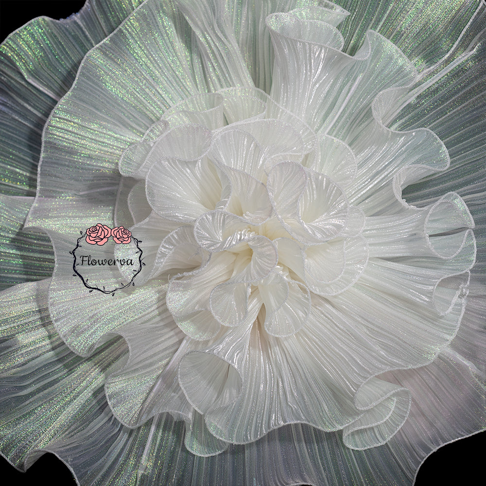 Flowerva White with Iridescent Green Shimmer Ruffled Fabric Flower Decor