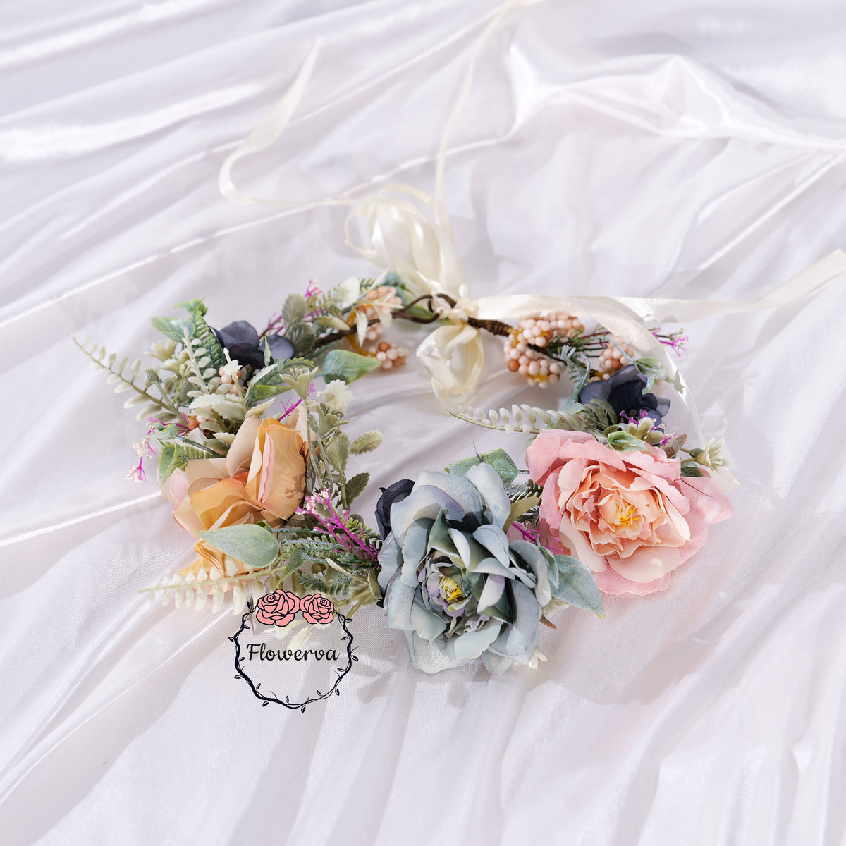 Bridal Wreath Headpiece Blue Pink Orange Flowers