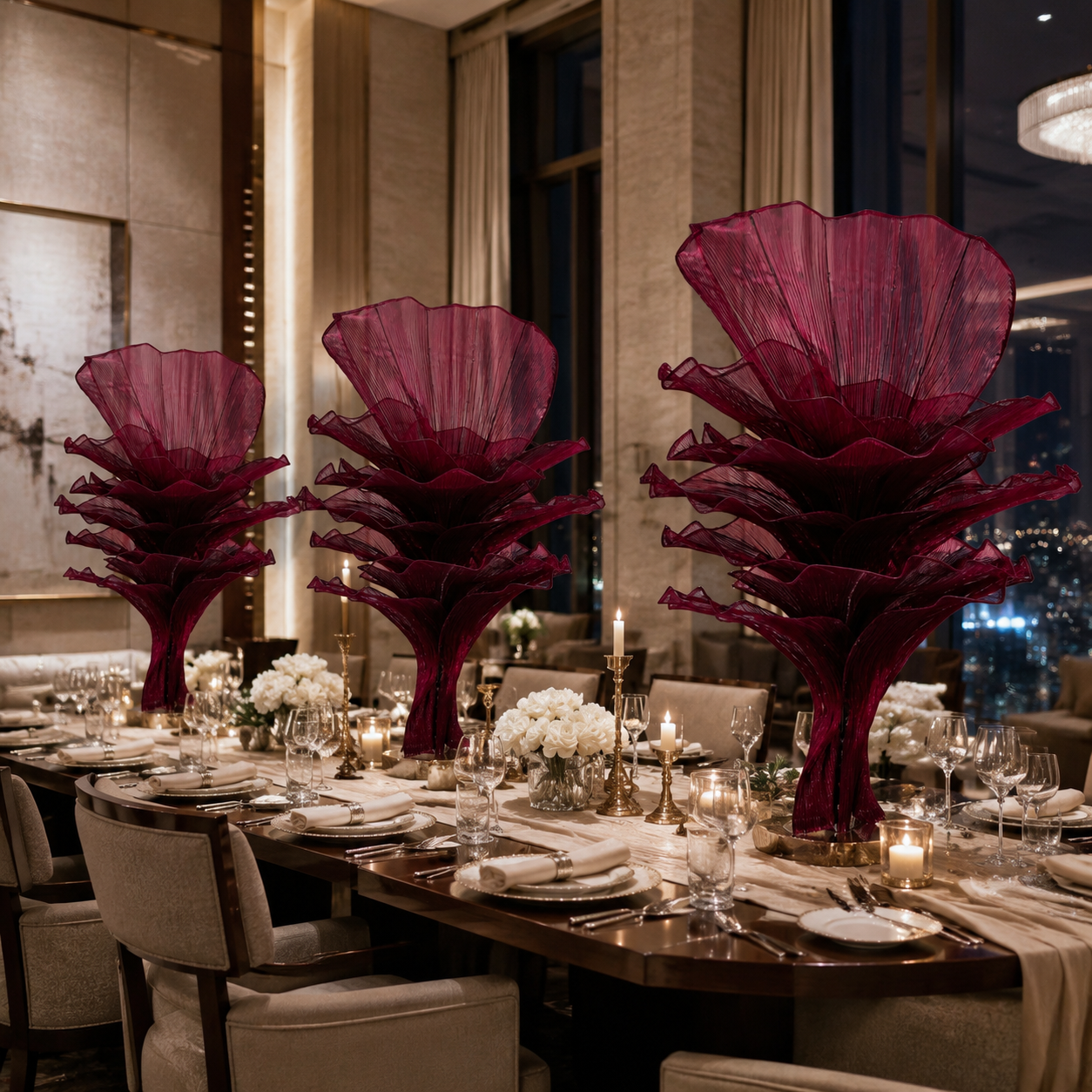Flowerva Wine red Table Flower Wedding Decoration (With Base)
