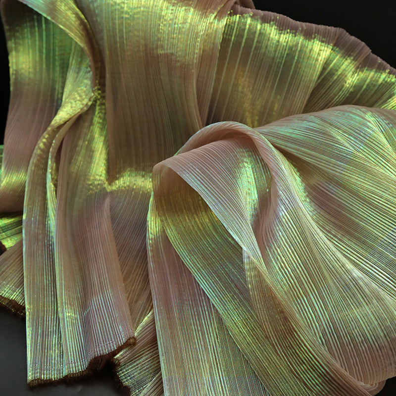 Flowerva Golden Ochre Mermaid Texture Pleated Organza Fabric Wedding Decoration Dress Design Fabric
