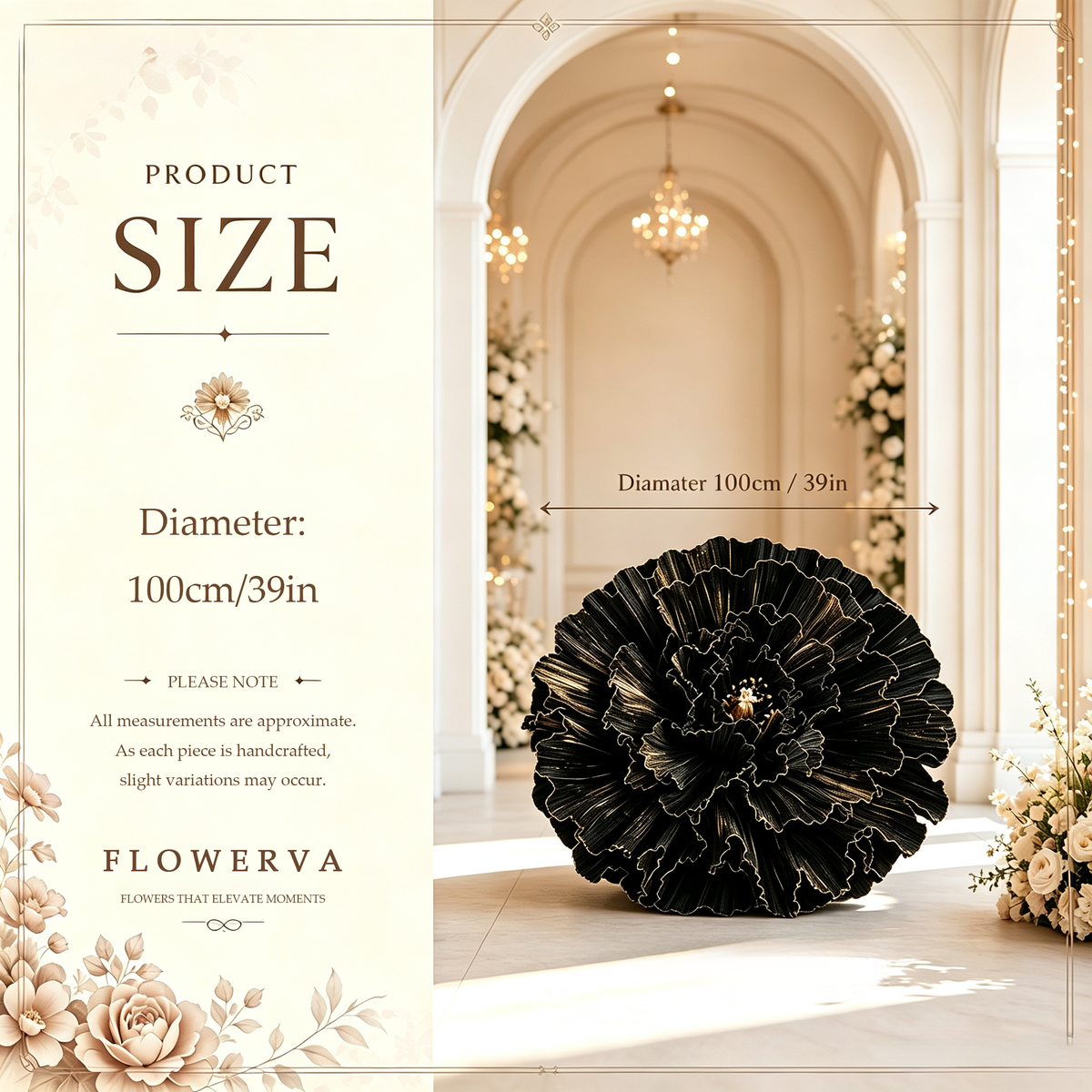 Flowerva Gilded Shadow Fabric Flower | Luxury Wedding Statement Floral & Event Decor Size chart