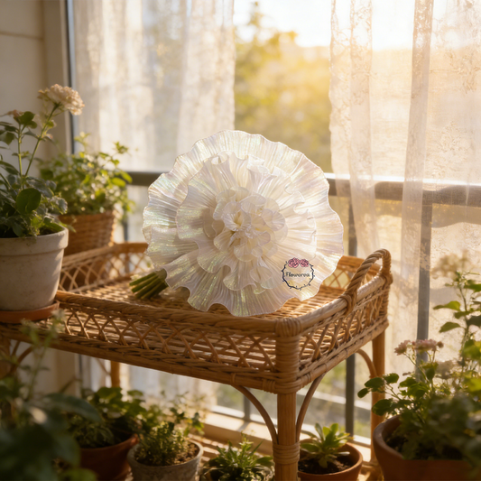 Flowerva White with Iridescent Green Shimmer Ruffled Fabric Flower Decor