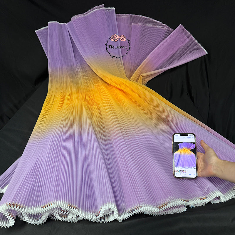 Gradient Yellow And Purple Pleated Organza Crinkle Fabric With Rigid And Wide Trim Stage Handmade Dress Designer Fabrics