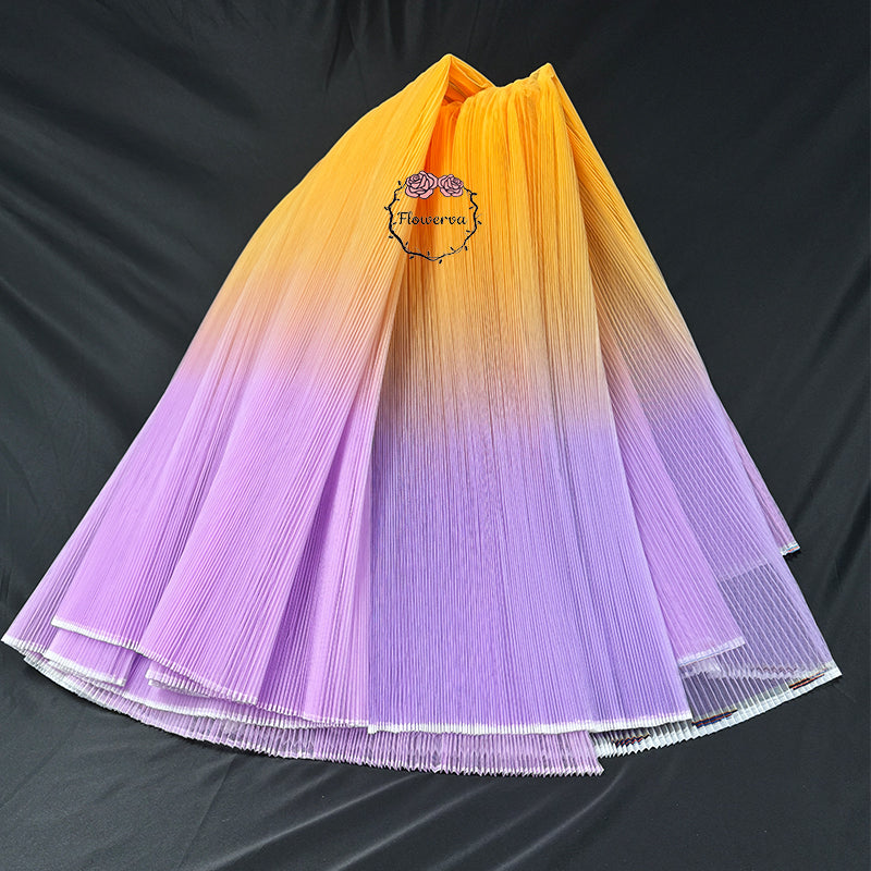 Gradient Yellow And Purple Pleated Organza Crinkle Fabric With Rigid And Wide Trim Stage Handmade Dress Designer Fabrics