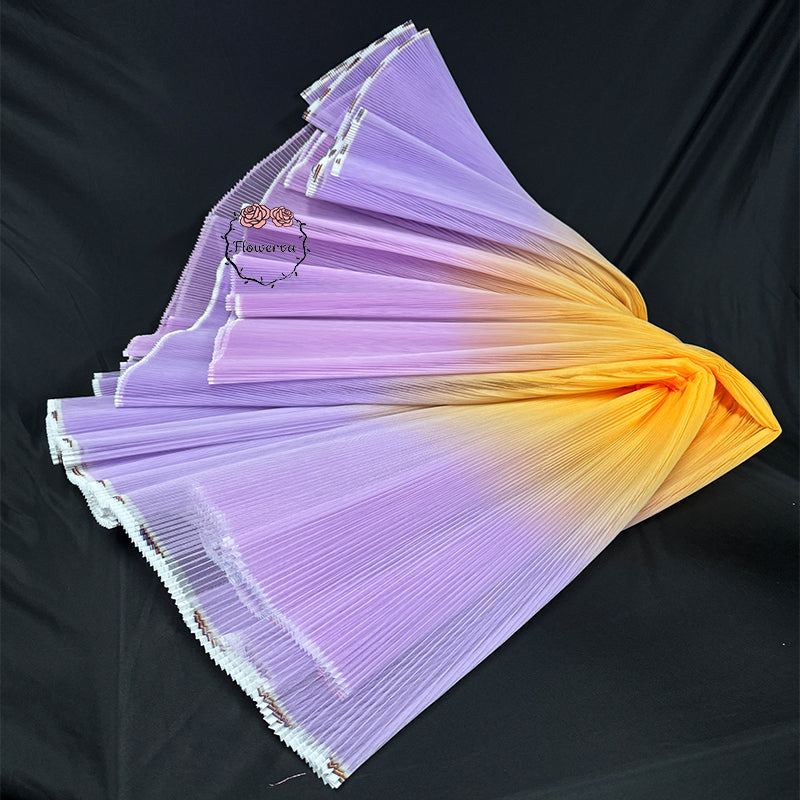 Gradient Yellow And Purple Pleated Organza Crinkle Fabric With Rigid And Wide Trim Stage Handmade Dress Designer Fabrics