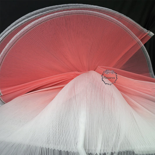 Gradient Pink Pleated Organza Crinkle Fabric With Rigid And Wide Trim Stage Handmade Dress Design Fabric