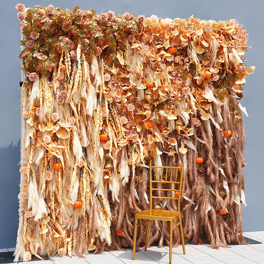 Flowerva Autumn Ginkgo Leaf Pampas Grass Pumpkin Wedding Backdrop Champagne Rose 5D Cloth Flower Wall Turf Stage Decor Photo Props