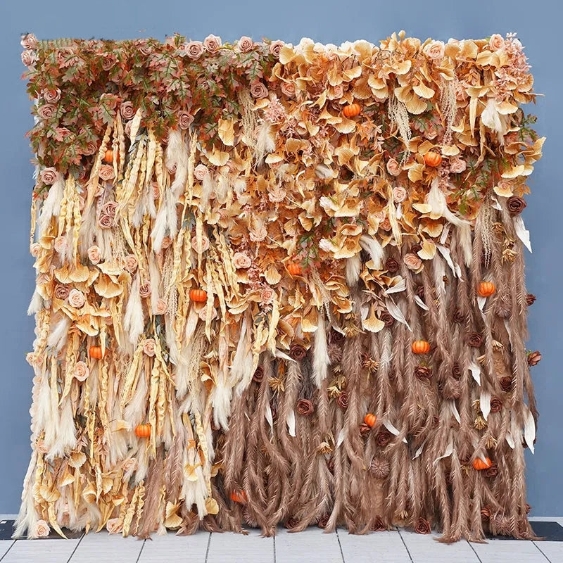 Flowerva Autumn Ginkgo Leaf Pampas Grass Pumpkin Wedding Backdrop Champagne Rose 5D Cloth Flower Wall Turf Stage Decor Photo Props