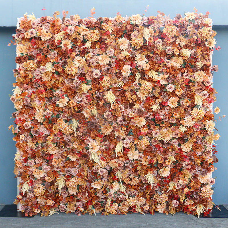 Flowerva Brand New 5D Autumn Series Retro Artificial Rose Plants Leaf Rolling Up Curtain Flower Wall Wedding Events Backdrop Decor