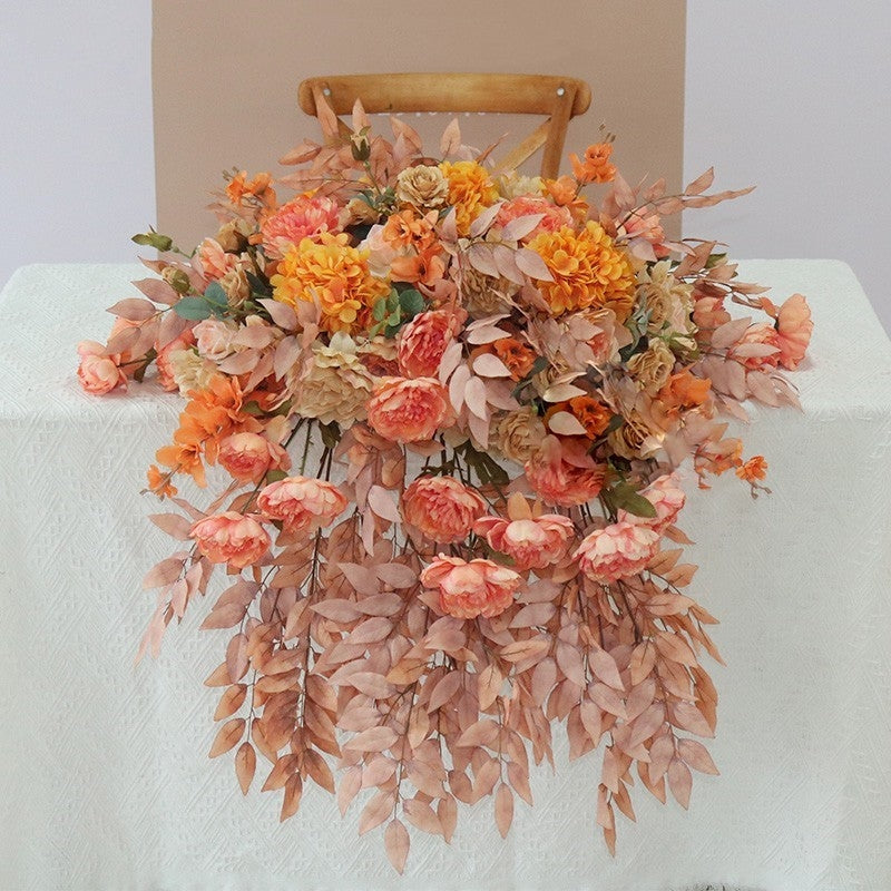 Flowerva Autumn Colorful Peony Embroidery Ball Willow Tree Leaf Vine Table Flower Wedding Background Decoration