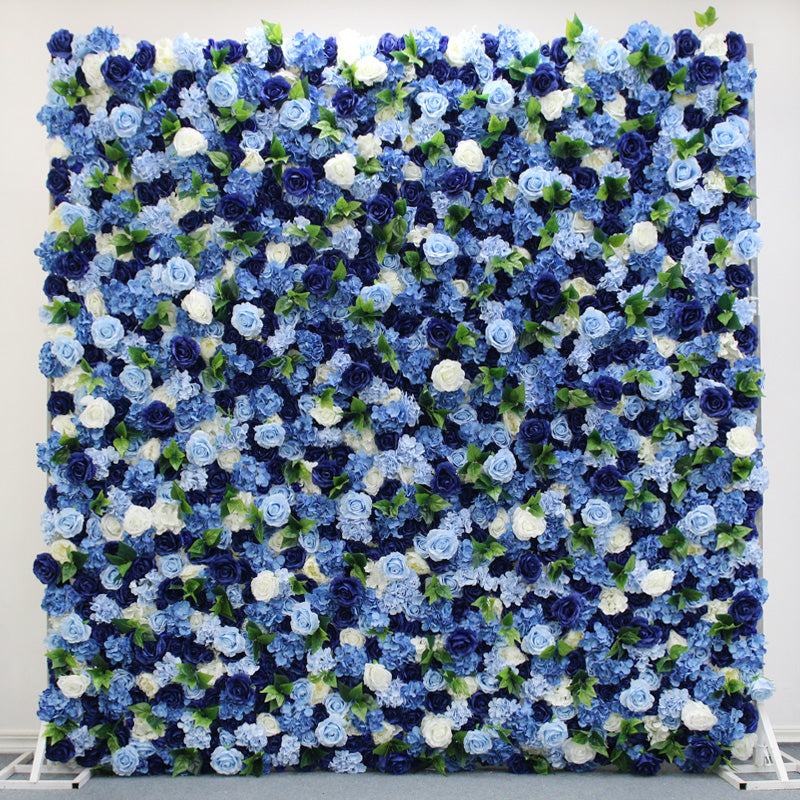 Flowerva New 3D Royal Blue and White Rose Artificial Peony Hydrangea Cloth Flower Wall