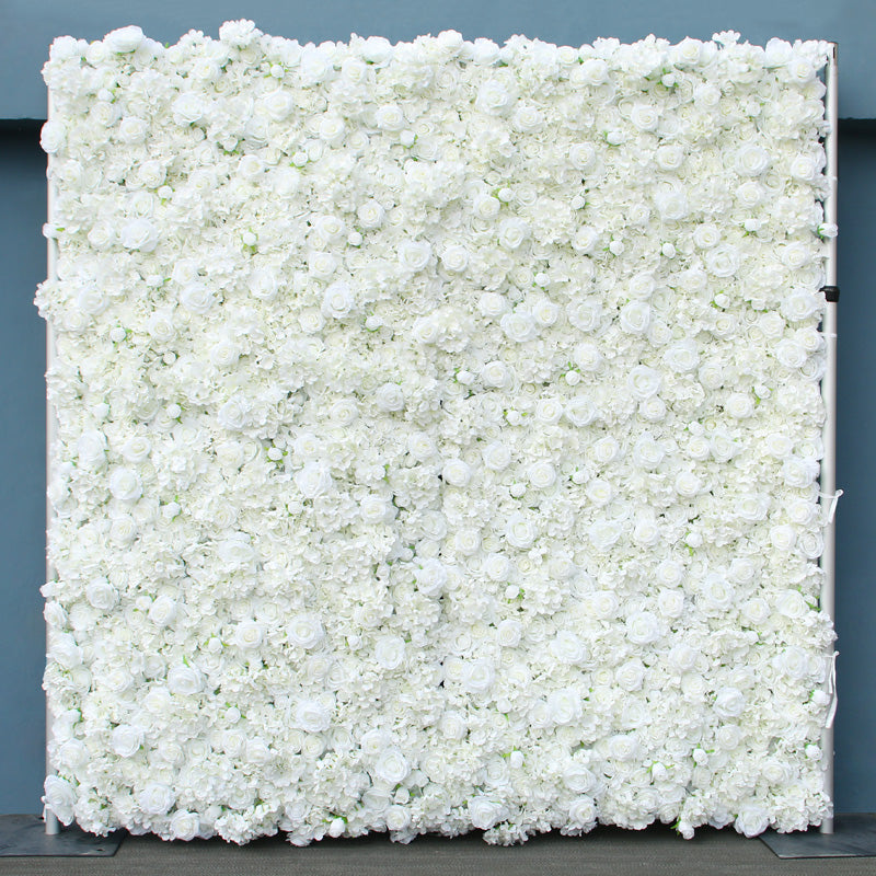 Flowerva Brand New 5D White Rose Rolling Up Fabric Peony Artificial Floral Wall Cloth Flower Wall Outdoor Birthday Party Wedding Backdrop Decor Props