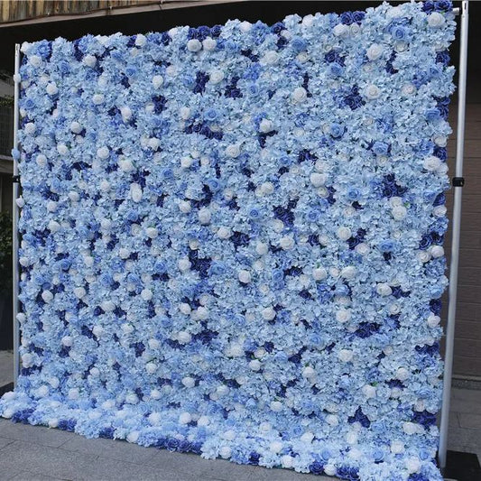 Flowerva Blue Rose Hydrangea Fabric 5D Cloth Floral Wall Outdoor Party Wedding Backdrop Wall Decor Props