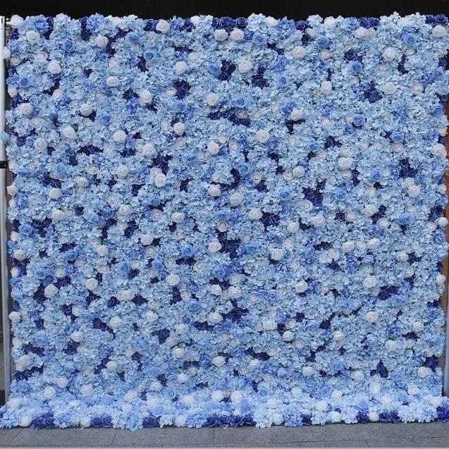 Flowerva Blue Rose Hydrangea Fabric 5D Cloth Floral Wall Outdoor Party Wedding Backdrop Wall Decor Props