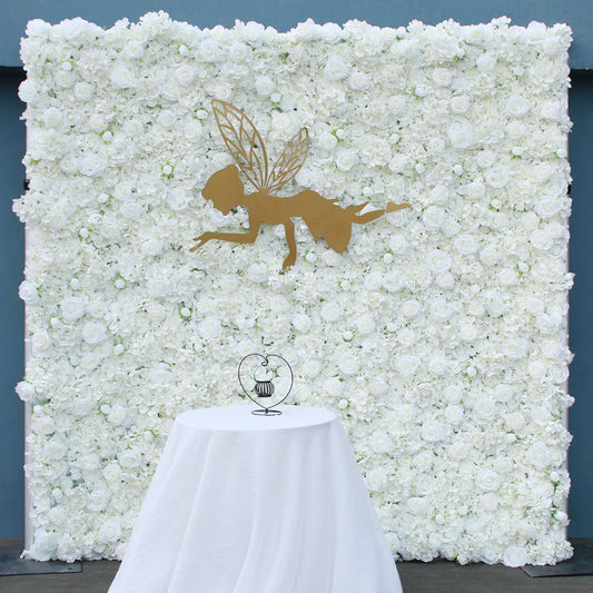 Flowerva Brand New 5D White Rose Rolling Up Fabric Peony Artificial Floral Wall Cloth Flower Wall Outdoor Birthday Party Wedding Backdrop Decor Props