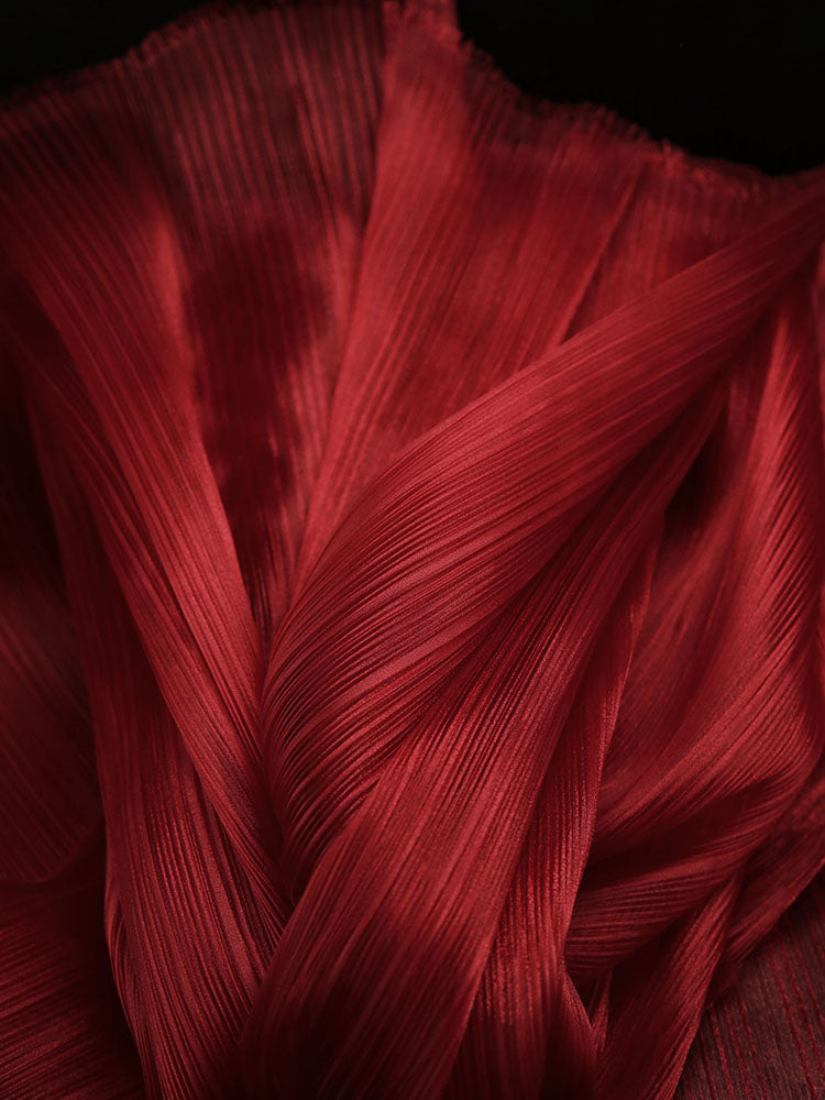 Flowerva Wine Red Glossy Pleated Texture Wedding Dress Styling Fabric