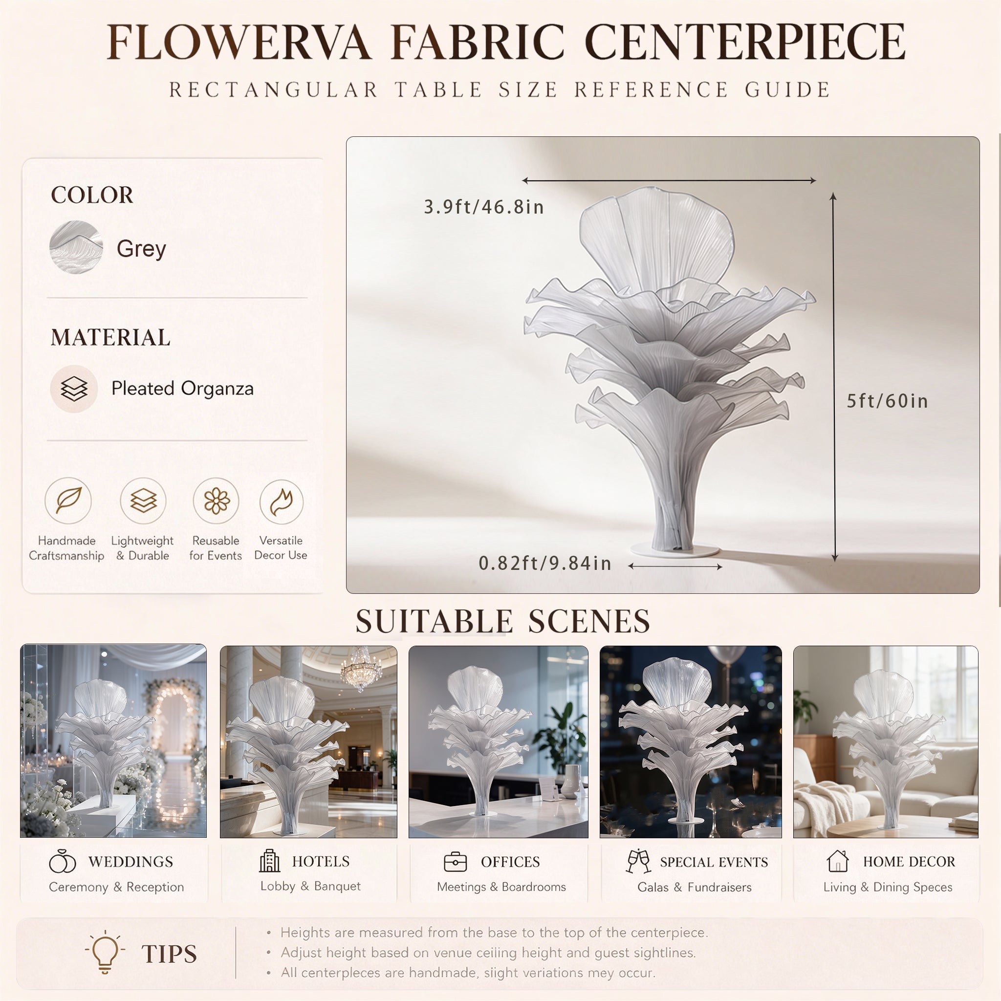 Flowerva Wedding Table Flower Decoration Grey 150cm