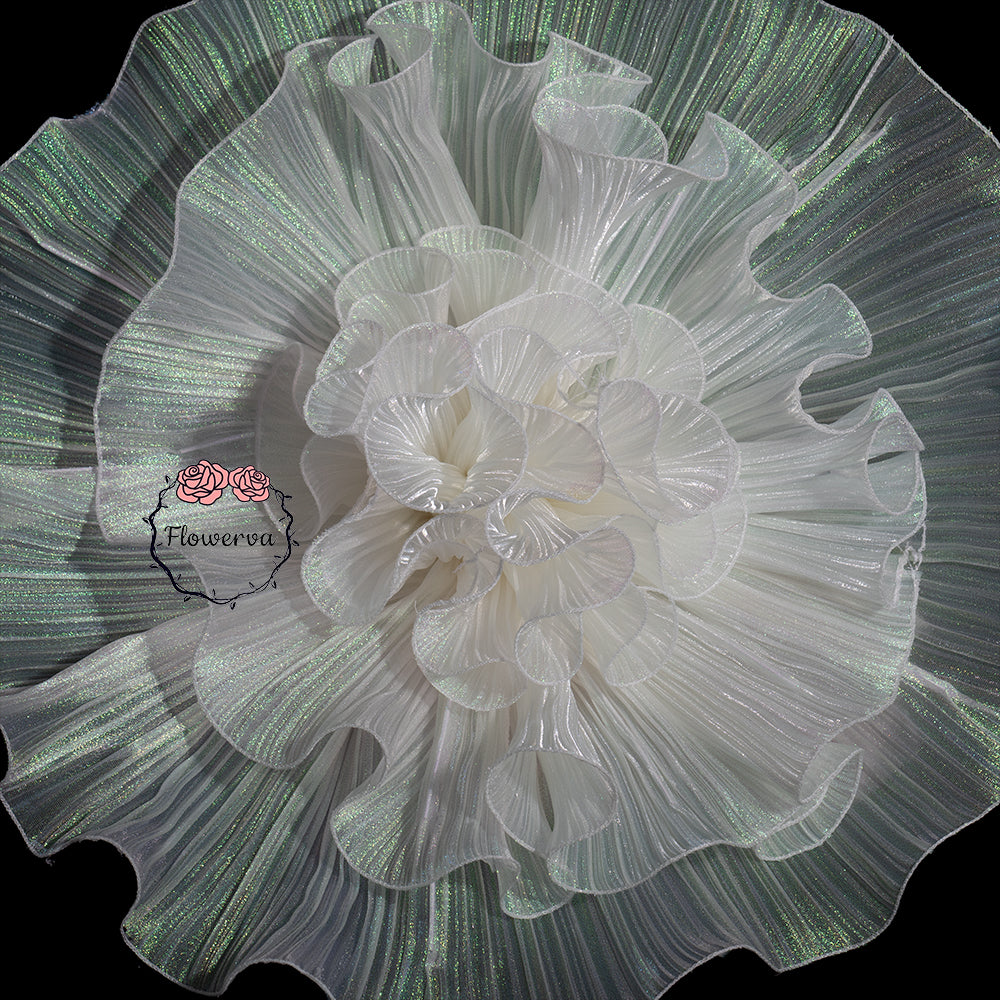 Flowerva White with Iridescent Green Shimmer Ruffled Fabric Flower Decor