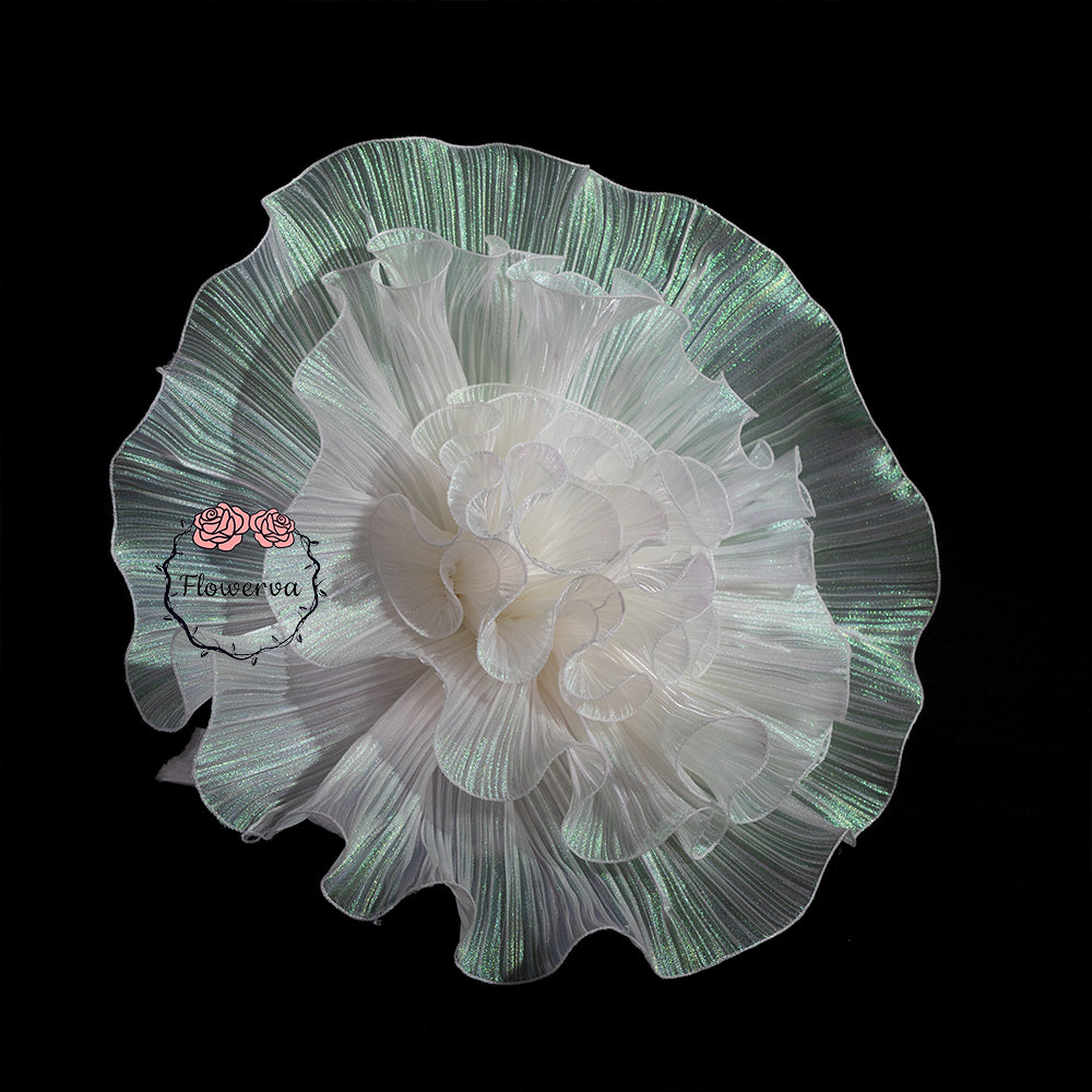 Flowerva White with Iridescent Green Shimmer Ruffled Fabric Flower Decor