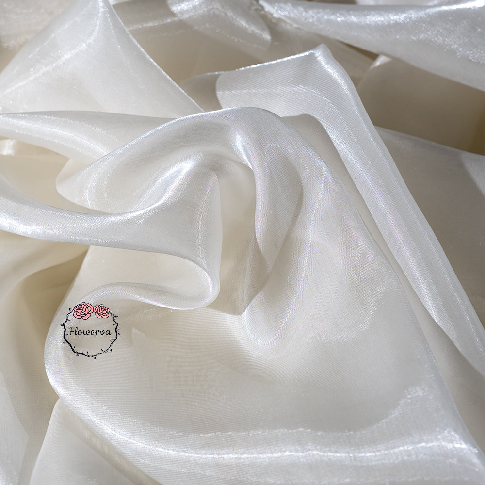 Flowerva Crystal Shining Organza Pearl-White Satin Fabric