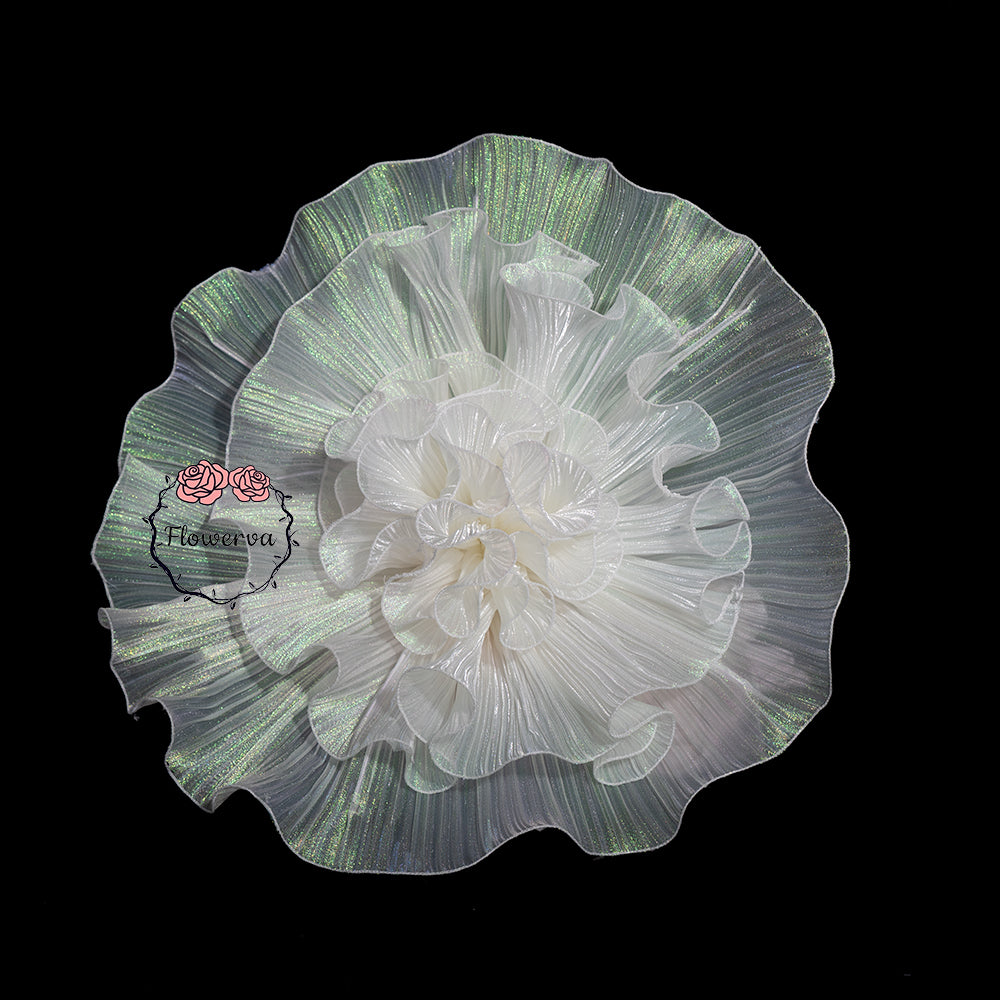 Flowerva White with Iridescent Green Shimmer Ruffled Fabric Flower Decor