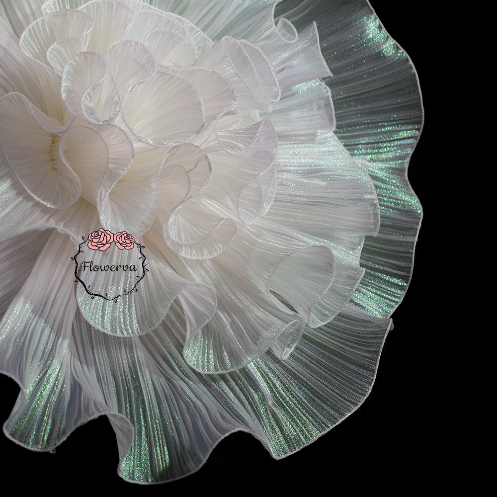 Flowerva White with Iridescent Green Shimmer Ruffled Fabric Flower Decor