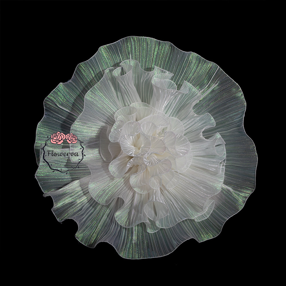 Flowerva White with Iridescent Green Shimmer Ruffled Fabric Flower Decor