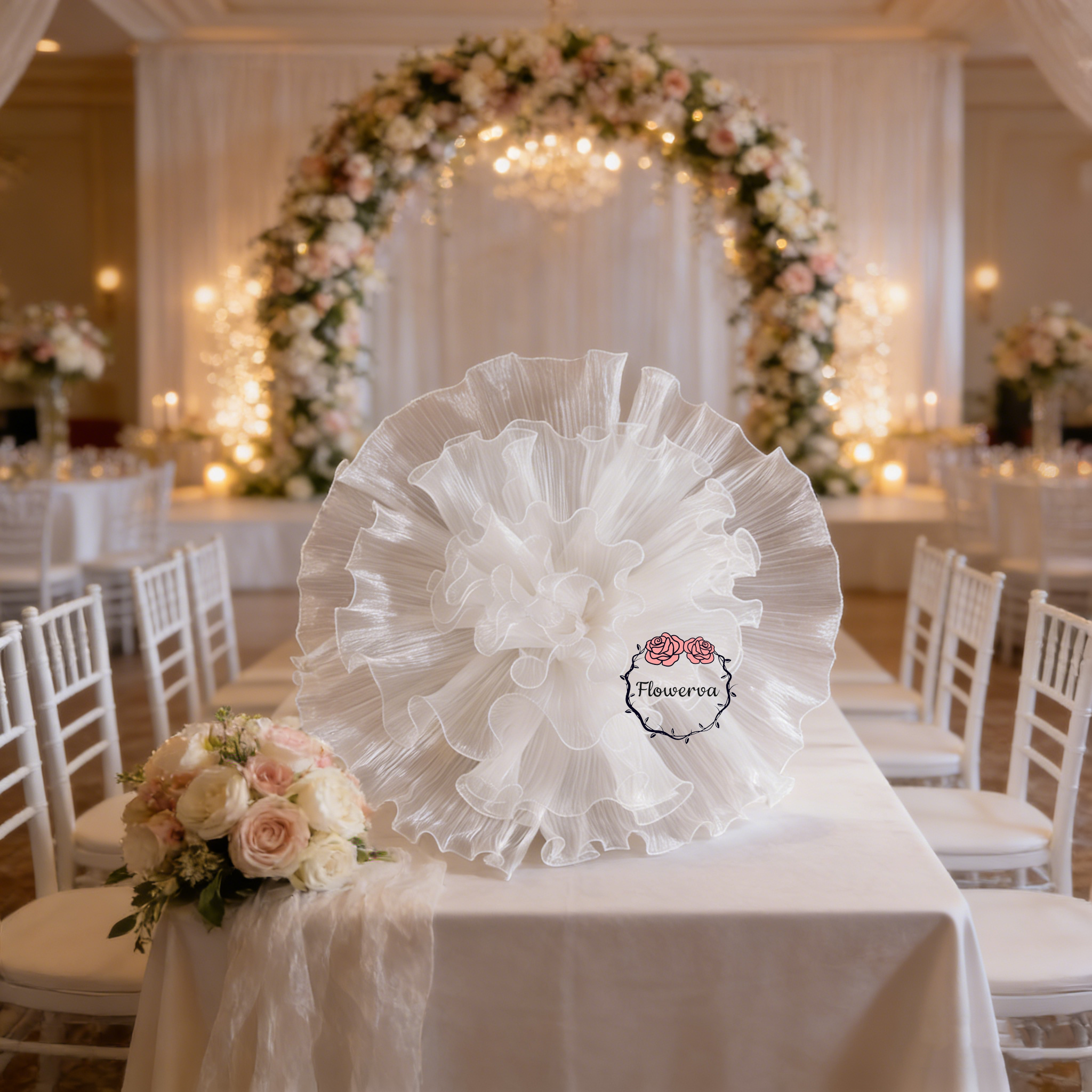 Flowerva White Sheer Ruffled Fluffy Fabric Flower Decor
