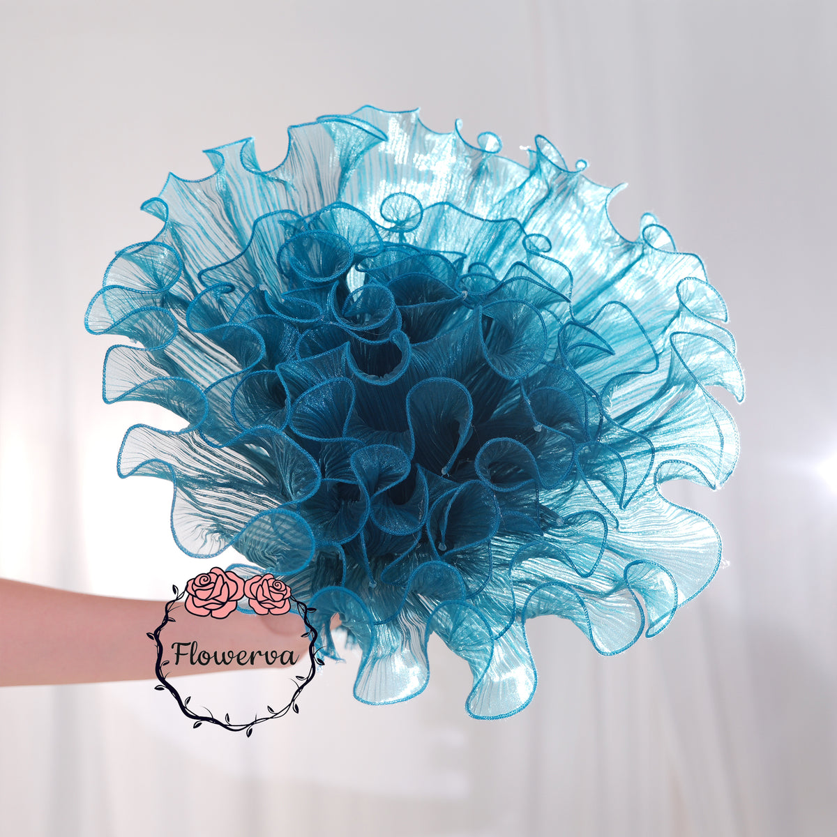 Flowerva Gradient Ruffled Sheer Fabric Decor Deep Lake Blue