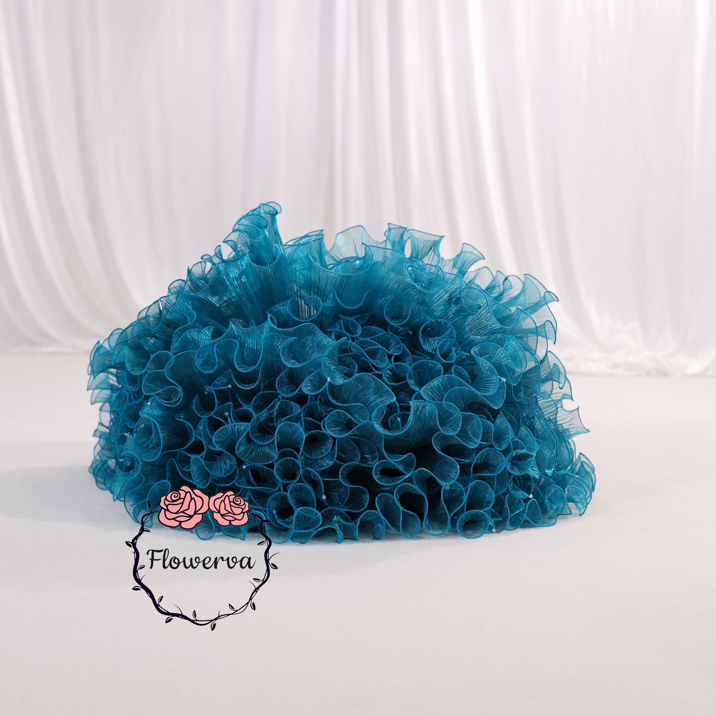Flowerva Gradient Ruffled Sheer Fabric Decor Deep Lake Blue