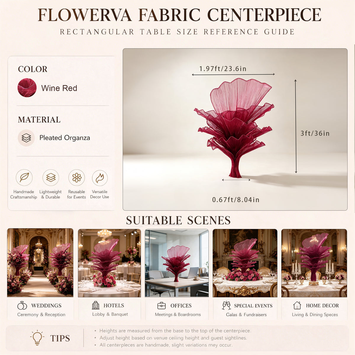 Flowerva Table Flower Wedding Decoration Wine red 100cm